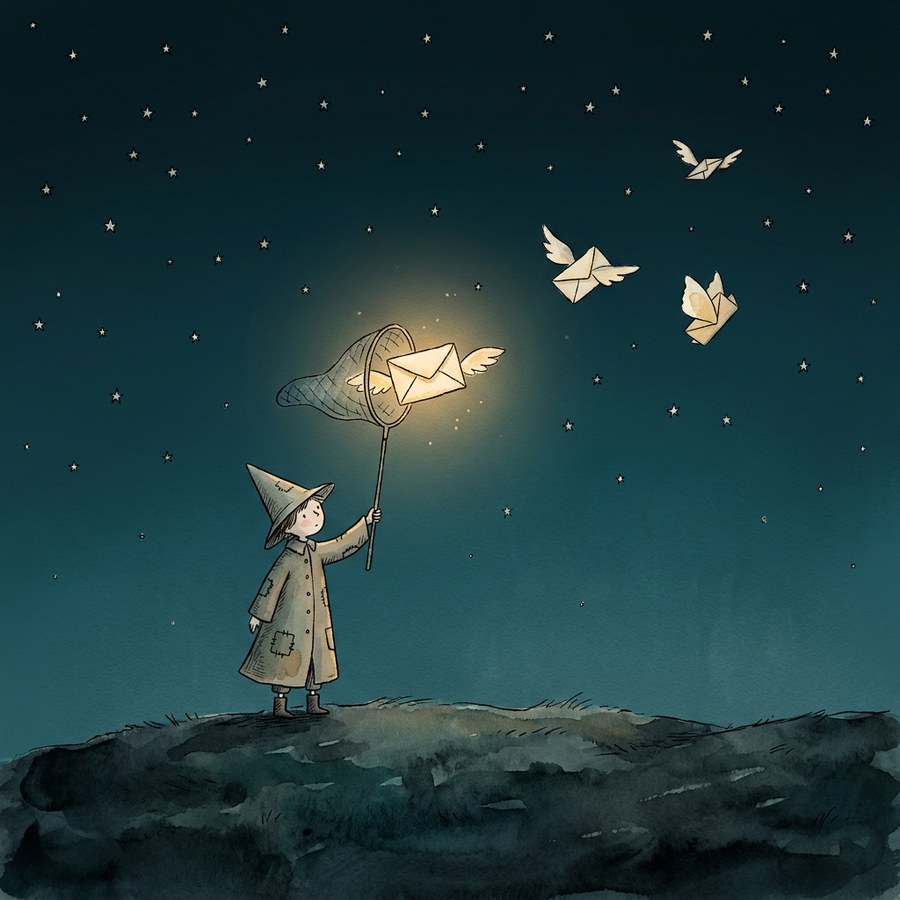 A small traveller raises a net to the night sky and catches a glowing winged letter