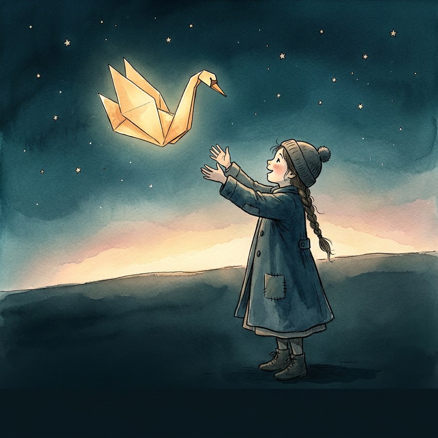 A girl reaches up to catch a glowing paper swan as dawn breaks behind her