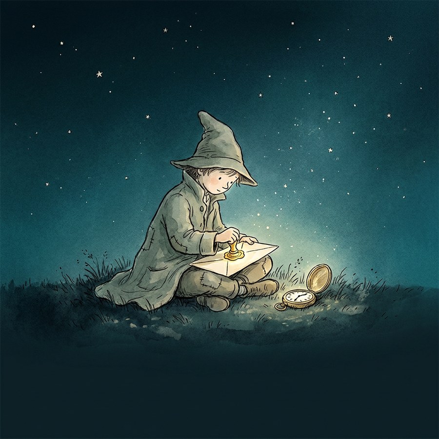 The traveller presses a glowing wax seal onto an envelope, an open pocket watch beside him in the grass